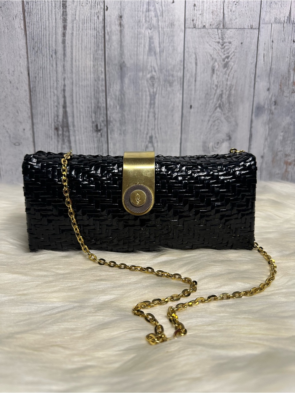 CESARE PICCINI Black Woven Chain-Handle Evening Clutch